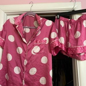 Pink and white silk polka dot pajama set